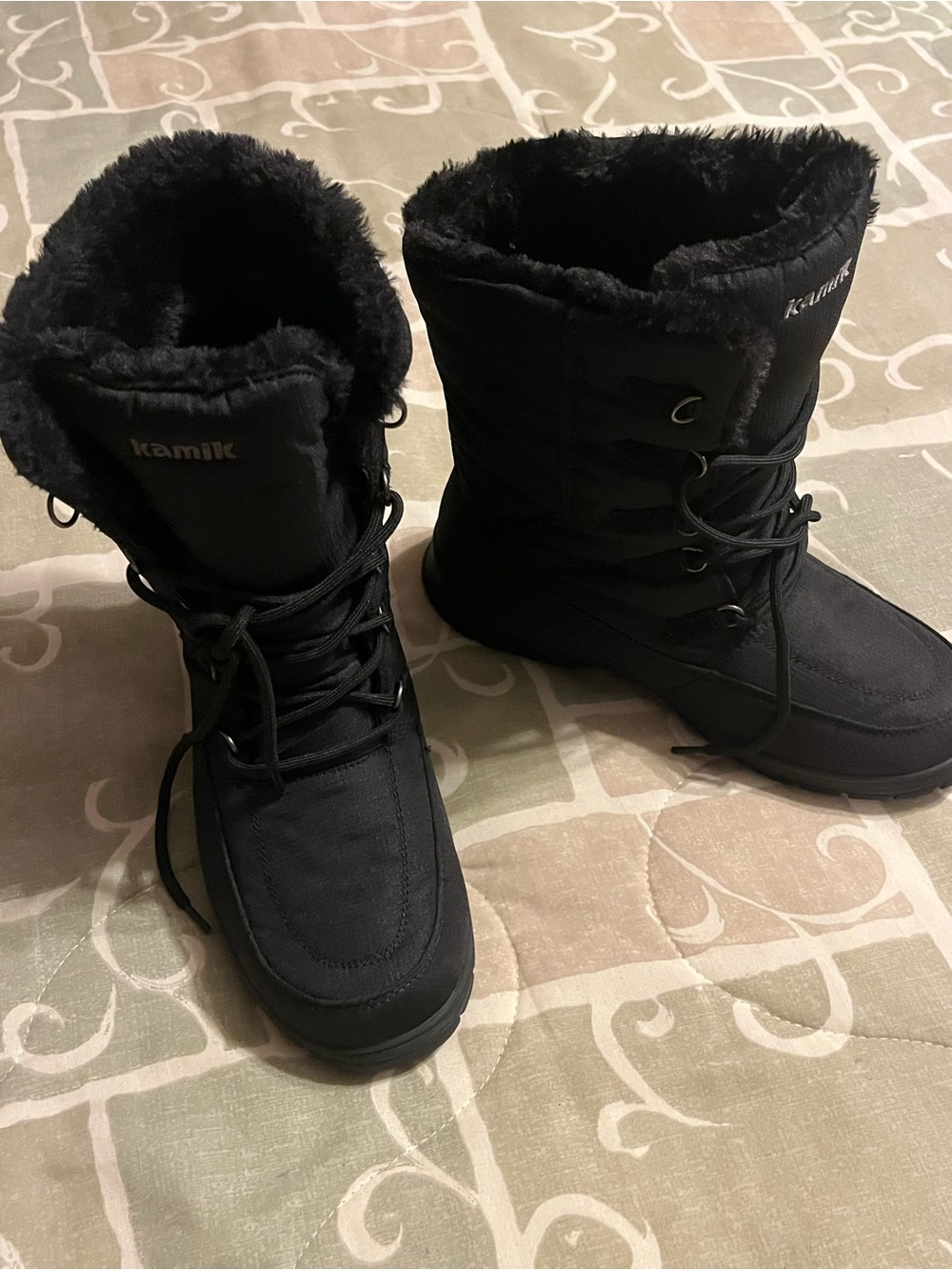 Kamik Black Faux-Fur Lace-Up Winter Boots